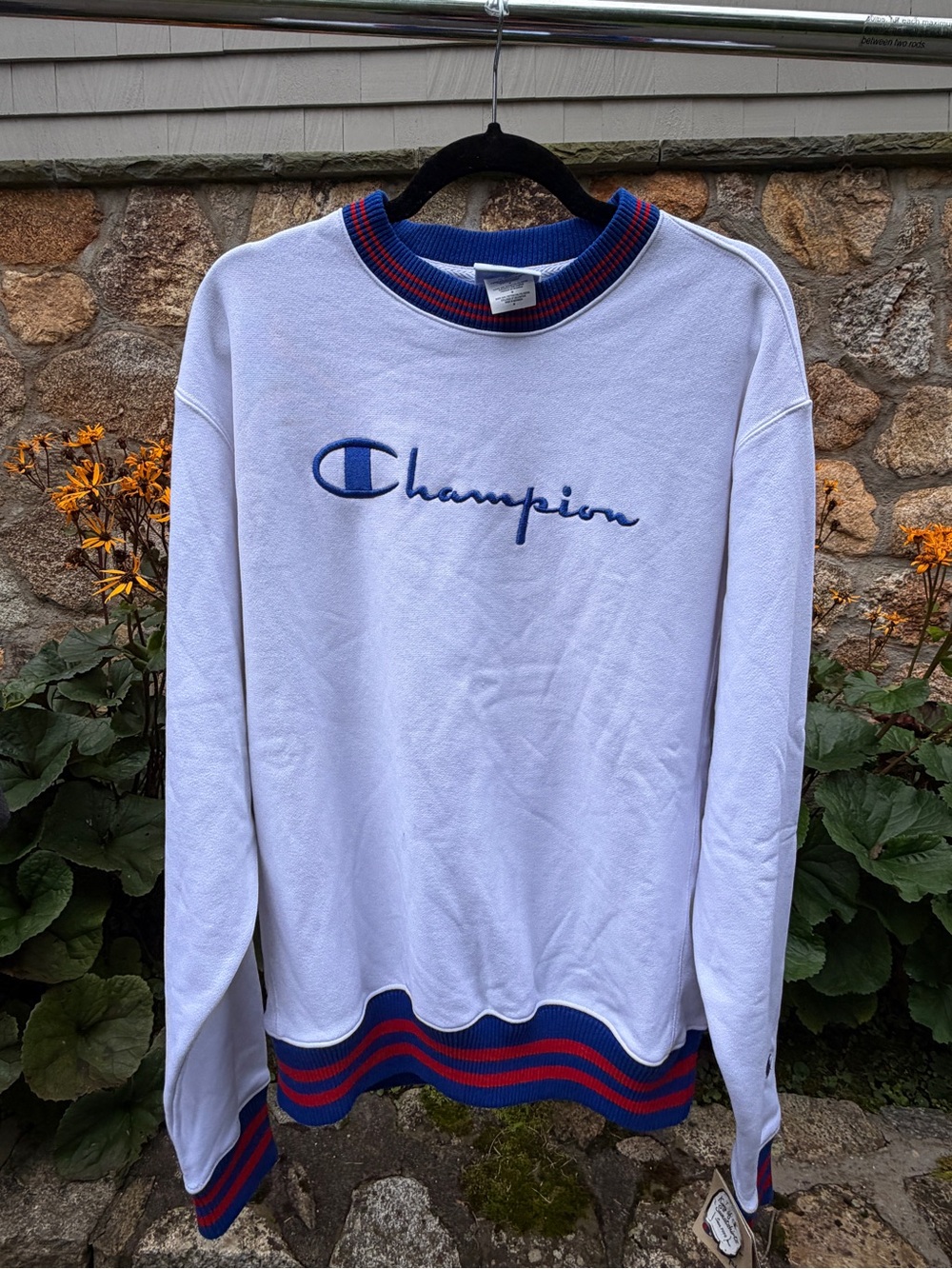 Champion White Crewneck Sweatshirt with Blue Script & Red-Trim
